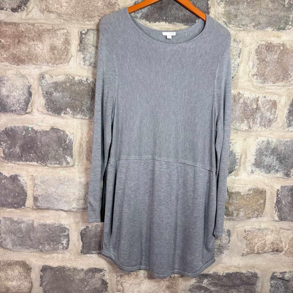 J Jill Grey Wool Blend Long Sleeve Tunic Sweater Petite Large Curved Hem Neutral